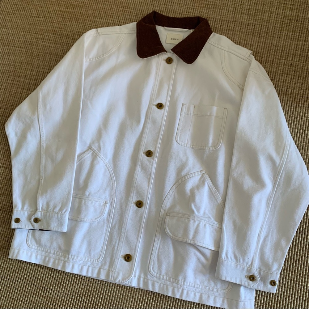 NWT Doen Pascual Cotton Denim Jean Corduroy Collar Button Barn Jacket Salt White - Picture 8 of 14